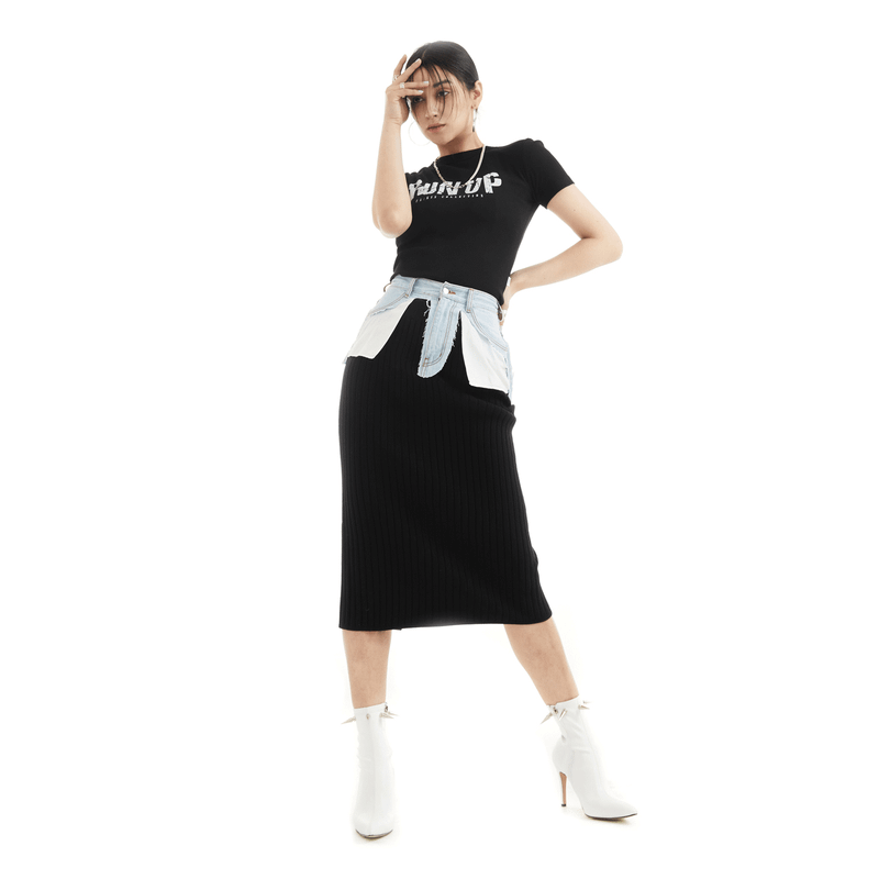 Destroyed Denim Knit Skirt