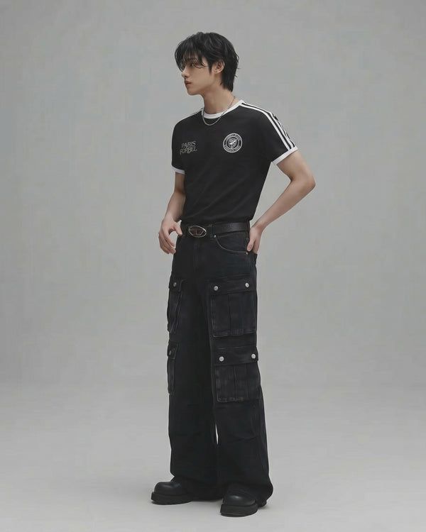 (UNISEX) Parachute Multi-Cargo Black Denim