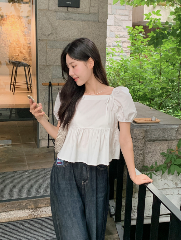 Square Puff Ribbon Short Sleeve Blouse (2color)