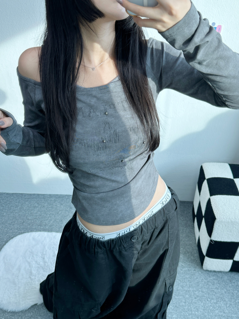 STUD SHIRRING TANK LAYERED SLIM LONG SLEEVE🤎🩶 - 2 COLORS