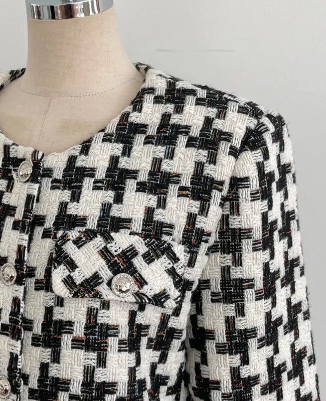 Carson Round-Neck Check Tweed Jacket