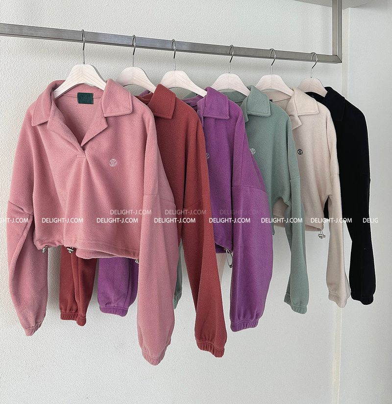 Fleece 6 color collar cropped sweatshirt