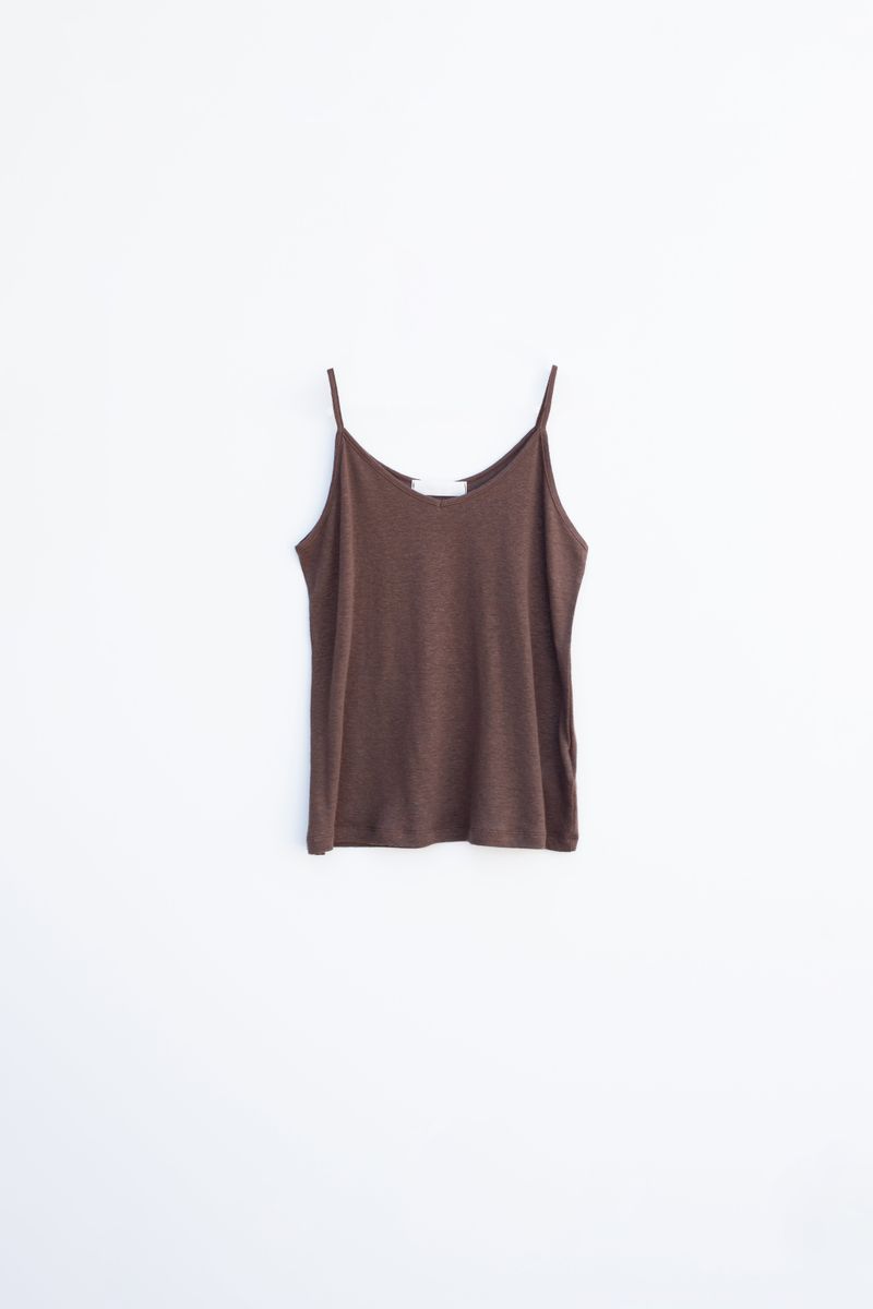 PLAT DU JOUR（プラドゥジュール）の「Linen V-neck sleeveless (Brown)（Tops）」