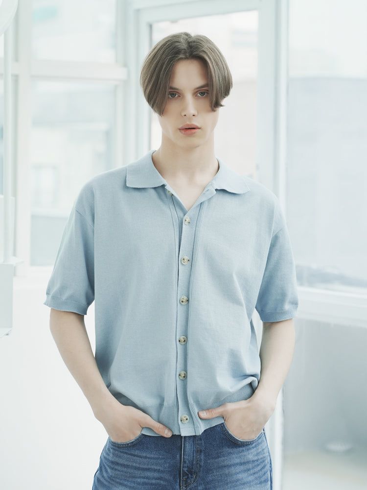 T1015 OPEN SHORT-SLEEVED KNIT_SKYBLUE