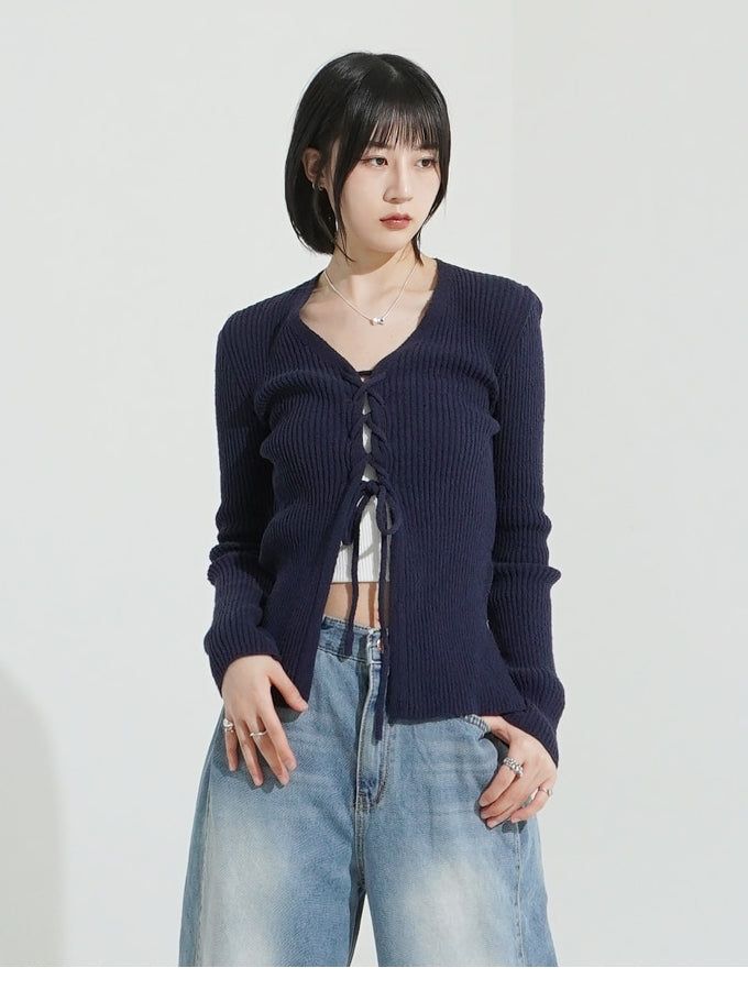 Side slit ribbed lace-up knit