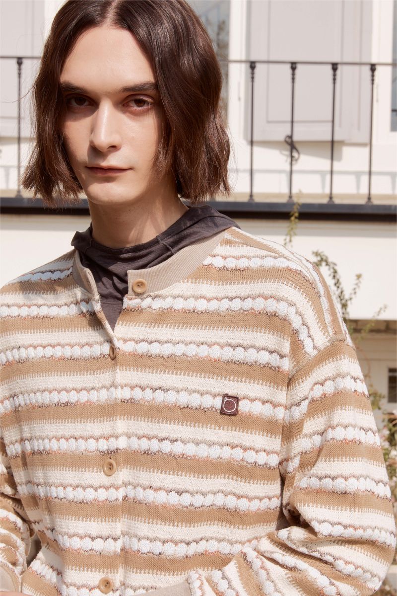 Alarm Loop Stripe Knit Cardigan - Beige
