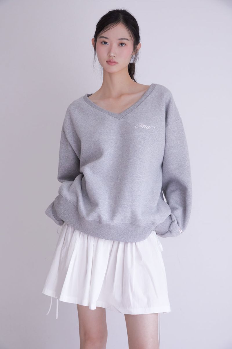 Lettering Deep V-Neck Sweatshirt (MELANGE GREY)