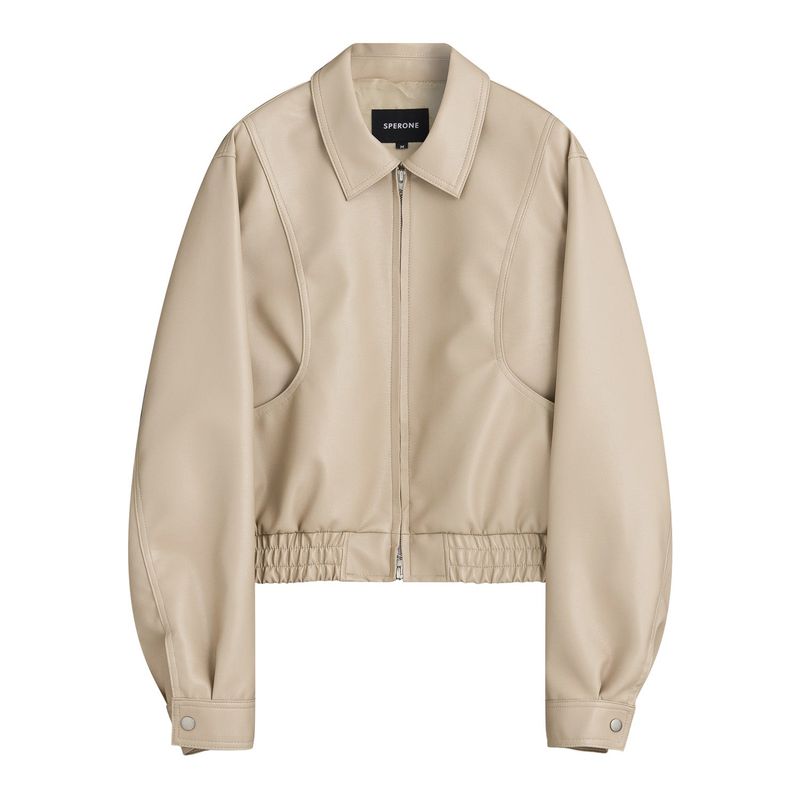 Overfit Curved Leather Blouson (Beige)