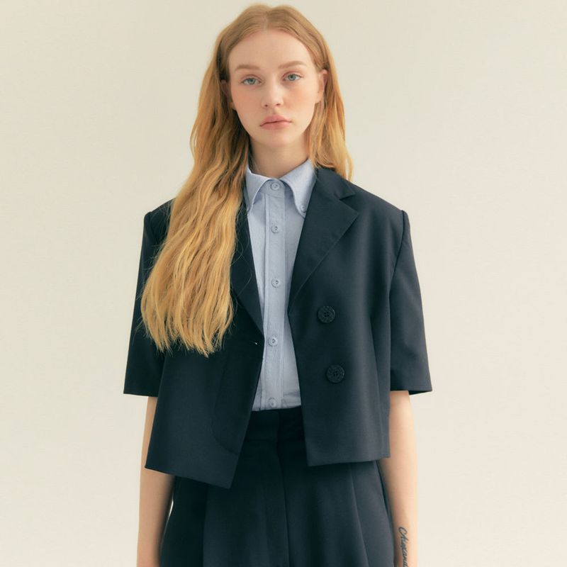 Stripe Wrinkle Pocket Crop Shirt (Light blue)