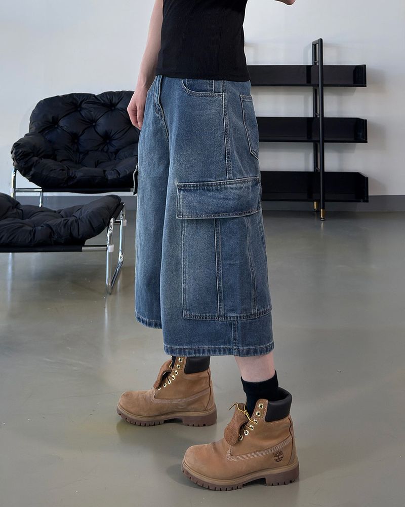Kazen Washed Cargo Bermuda Denim Pants
