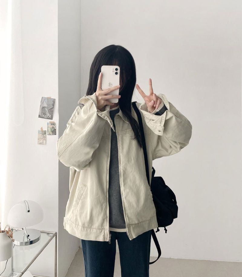 Rentto Basic Collar Zipper Loose Fit Cotton Jacket