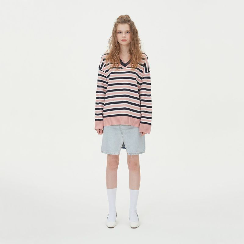 BLONDNINE（ブロンドナイン）の「STRIPE V NECK KNIT_PINK（Tops）」