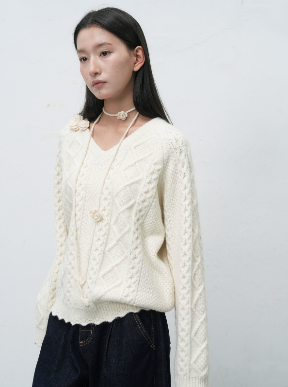 handmade knit flower strap - ivory