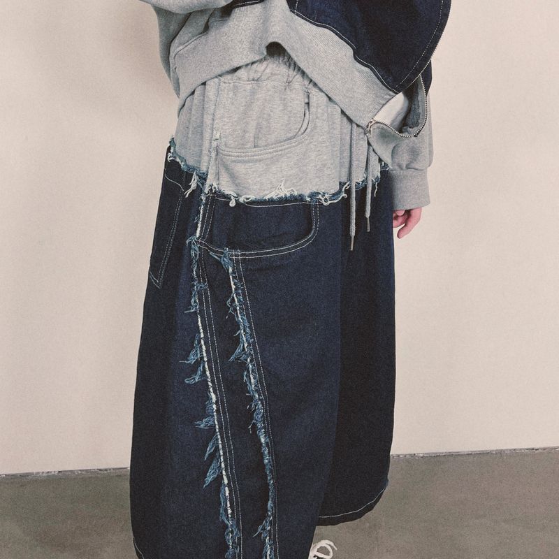 layered deconstructed denim capri shorts_blue