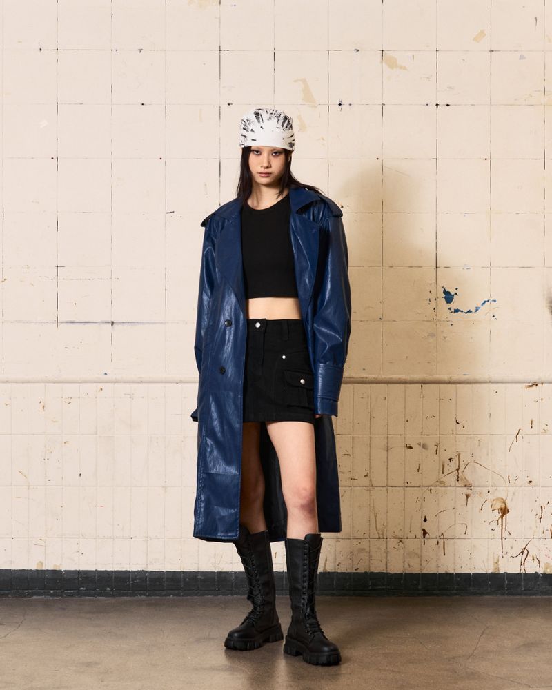 Curved Leather Trench coat (Blue)