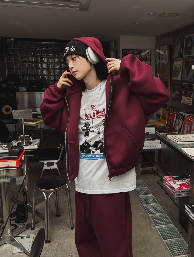 Neoprene semi-crop hooded zip-up