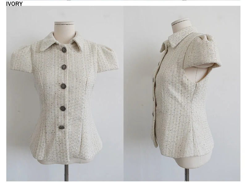 TWINKLE TWEED PUFF JACKET BLOUSE IN DARK BEIGE