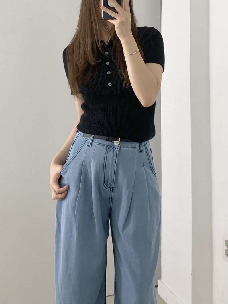 Loewe Ribbed Button Collar Short Sleeve Knit