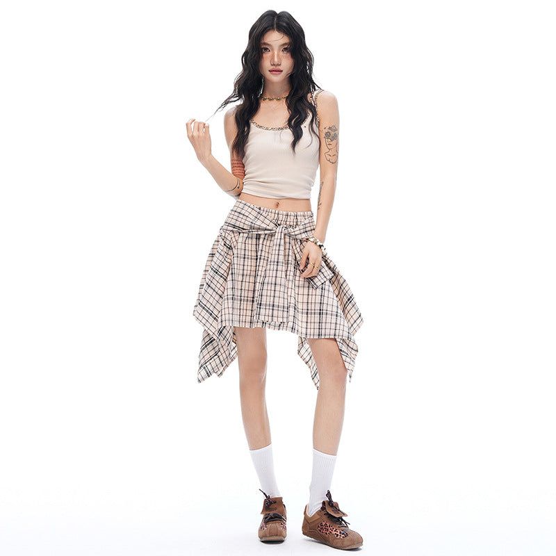 Vintage Check Ribbon Wrap Mini Skirt Pants