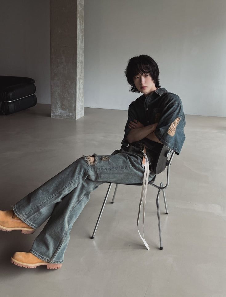 Summer shea damage washed denim half shirt