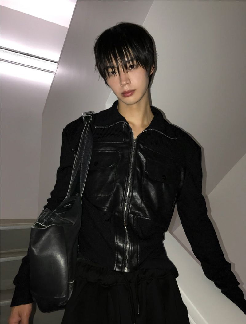 Black Leather Knit Zip-Up