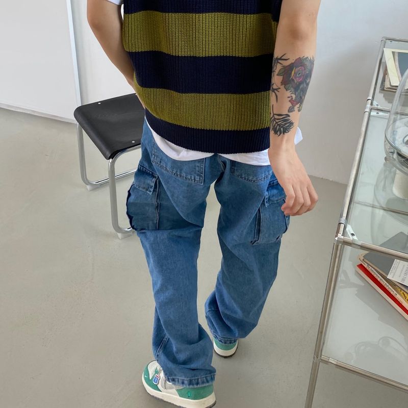 Stripe round neck knit vest 2C