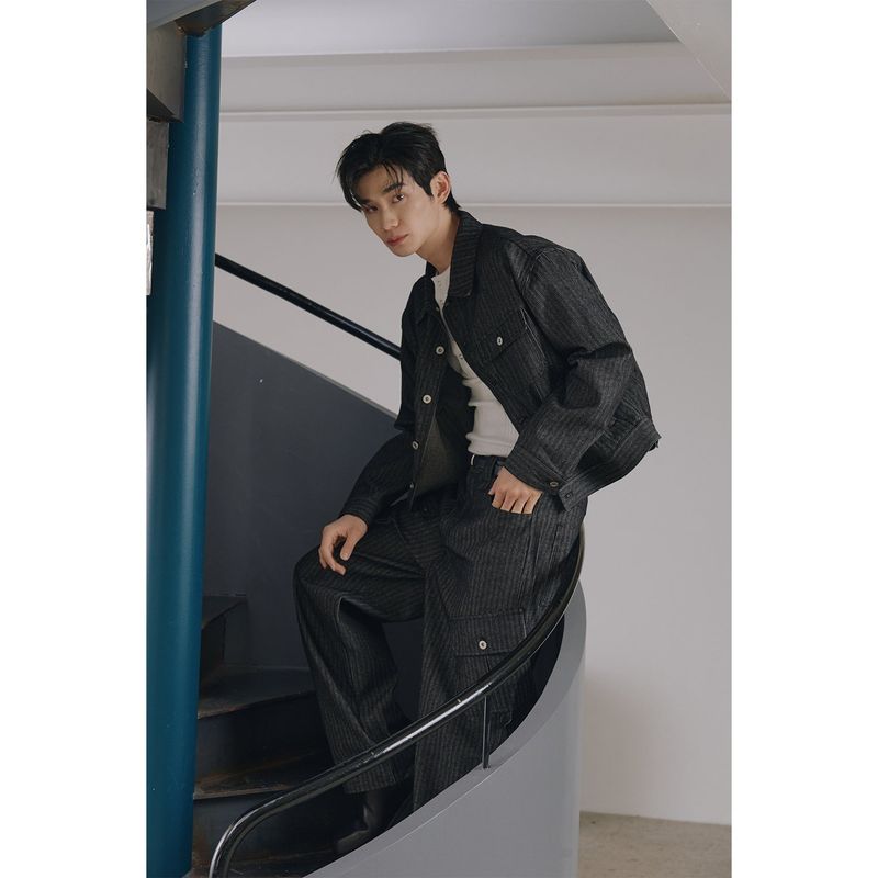 Stripe corduroy trucker denim jacket(Black)