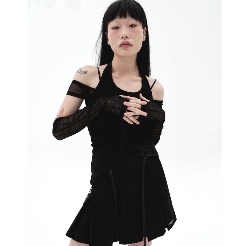 212-mesh shirring off-shoulder