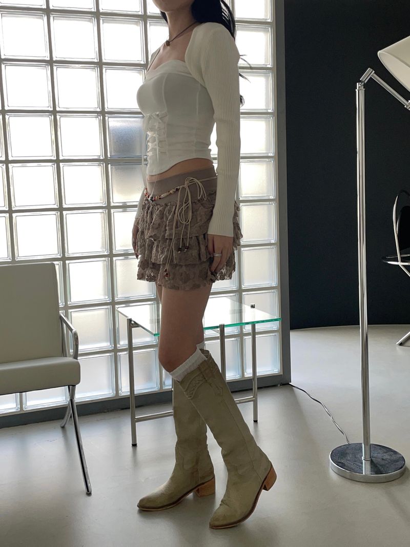 Beige Flower Frill Skirt&Pants