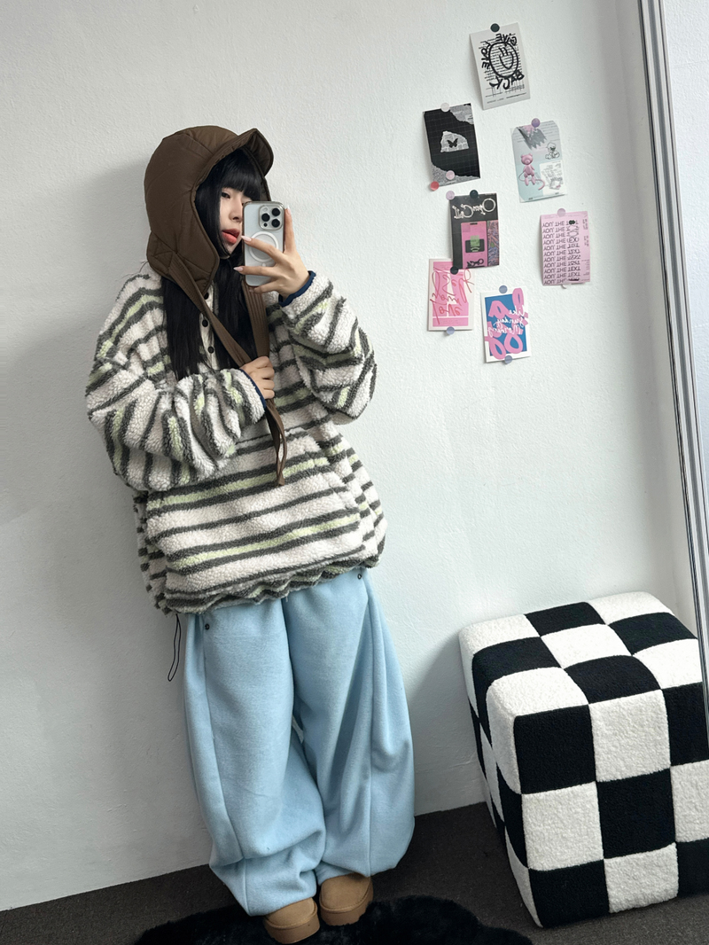 BOTH-SIDES FLEECE SNAP LONG PANTS 🧸🩵🤍6COLOR