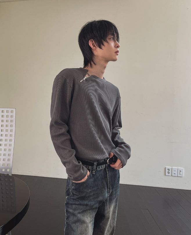 Coldy Waffle Shoulder Zip-Up T-shirt