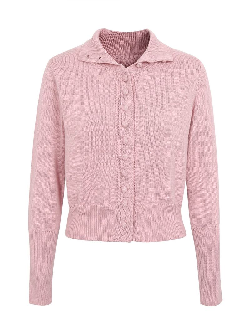 Pink button high-neck knit long-sleeved cardigan