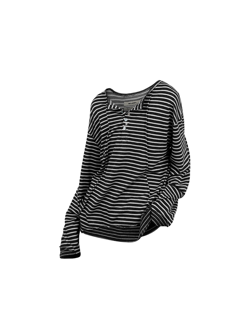 RELABEL（リレーベル）の「RELABEL (Vision) ライトウェイトベルベティストライプパッチワークロングスリーブTシャツスタッドディテール＆スクープネック（トップス）」
