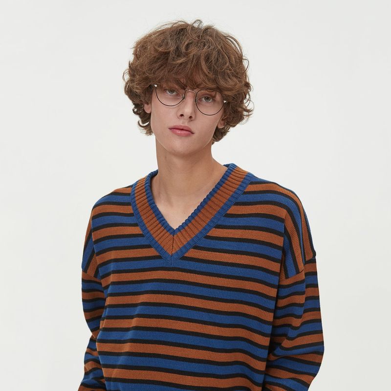 STRIPE V NECK KNIT_BLUE