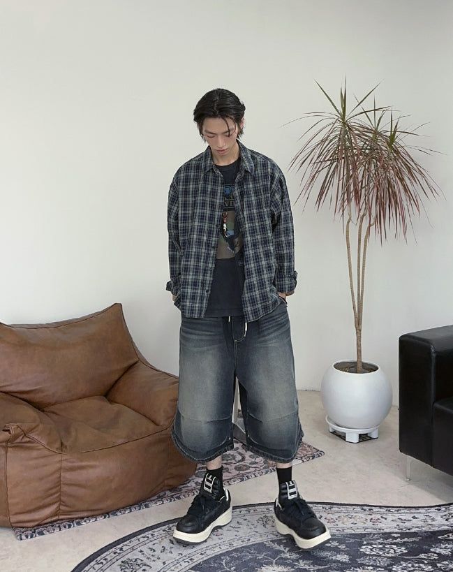 Epearl pintuck Bermuda denim pants