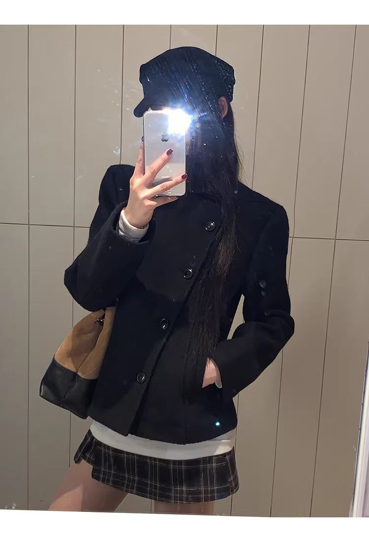 Royal black high-neck wool jacket