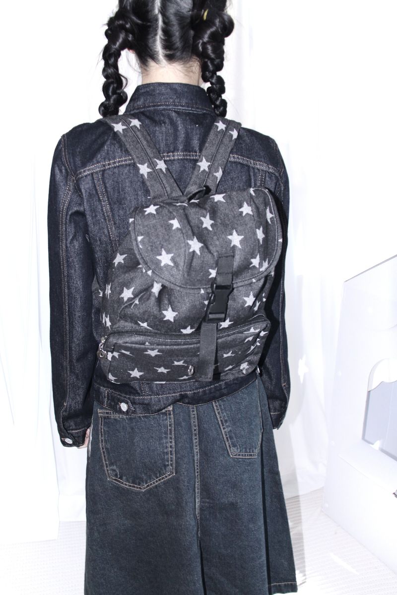 star pattern denim pocket backpack