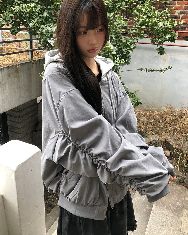 Debin Oversized Shirring Hooded Bomber Jacket