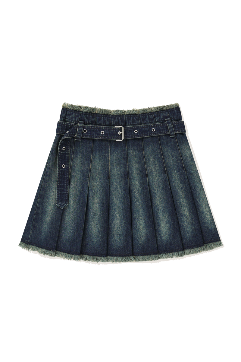 BUCKLE DENIM PLEATS SKIRT