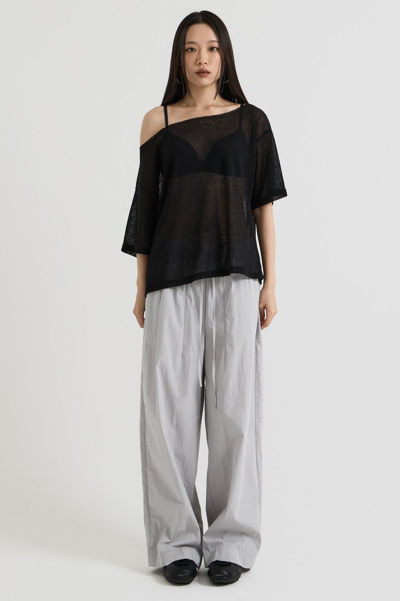 Knit one-shoulder t-shirt, Black
