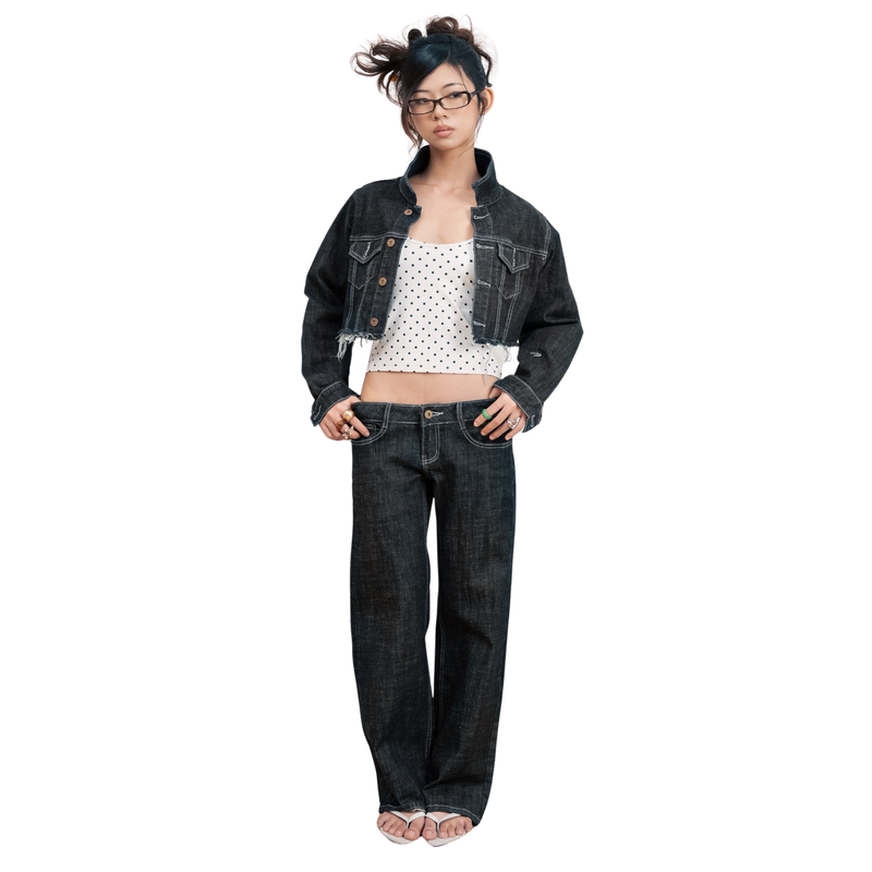 Tiberinus City（ティベリヌス シティー）の「Tiberinus - ハイフォン - ウルトラローライズワイドストレートレッグジーンズ - Black - Embroidered Back Pocket - 18 cm Rise - Low-Rise Fit - 25 cm Leg Opening（パンツ）」