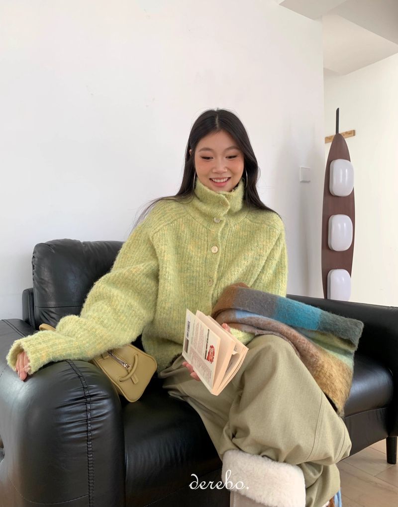 Tender Green Turtleneck Knit Cardigan