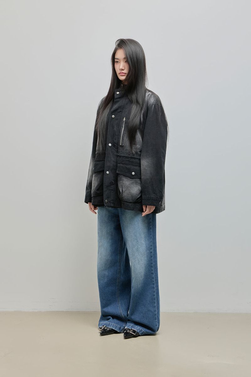Washed High-Neck Field Jacket_Black