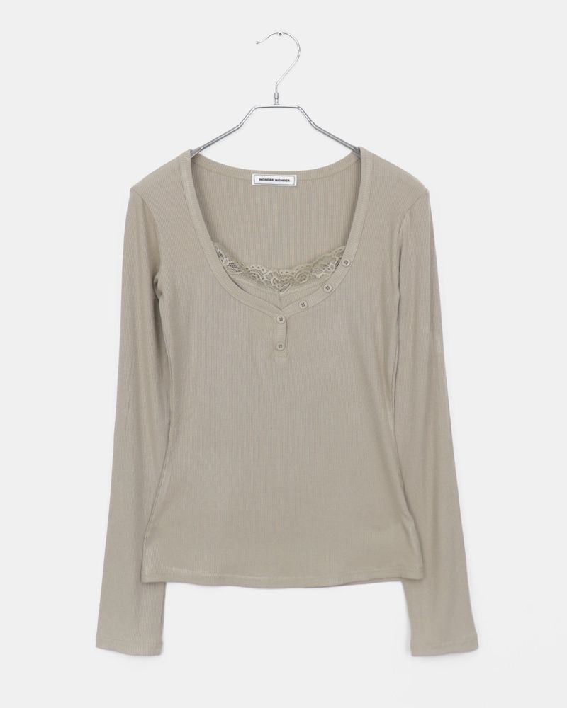[MADE] Neube Lace Point Button Ribbed Long Sleeve Top 