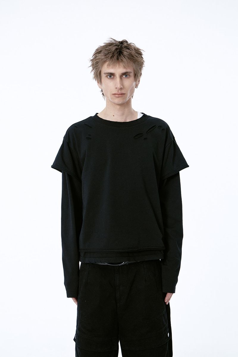 ETCE（イーティーシーイー）の「DAMAGE LAYERED L/S TEE (BLACK)（Tops）」