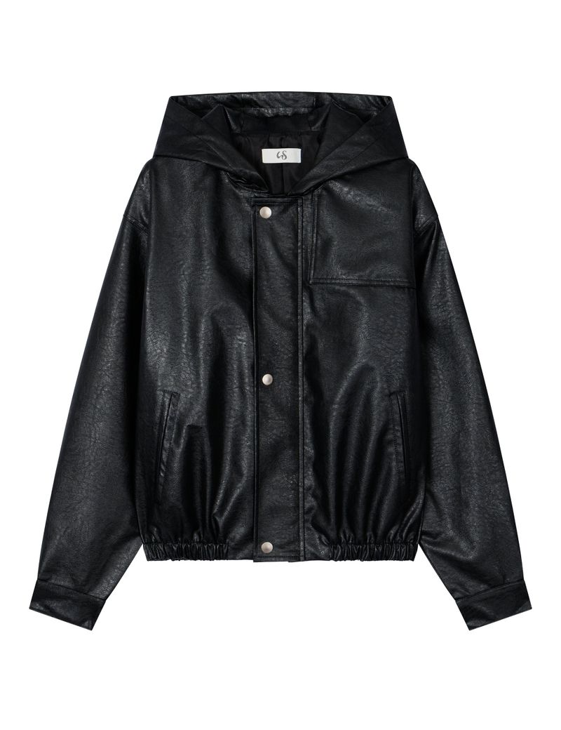 VEGAN LEATHER HOODED JACKET(BLACK)