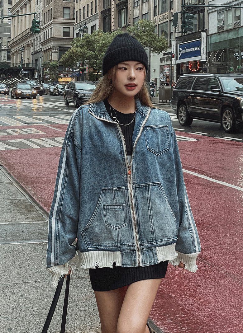 ULAN（ユレン）の「(UNISEX) ダメージ配色ラインデニムジャケット（ジャケット/アウター）」
