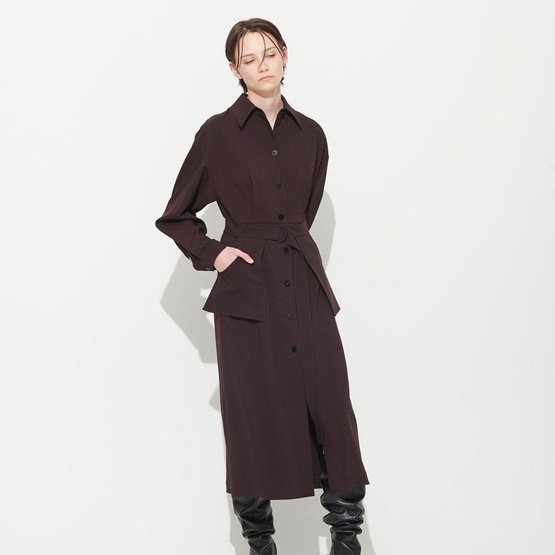  POCKET BELTED DRESS, DARK BURGANDY
