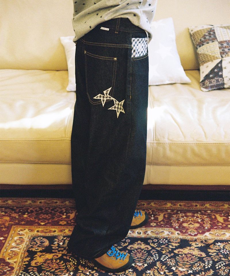 CHECK APPLIQUE DENIM PANTS BLUE(CV2GSFD111A)