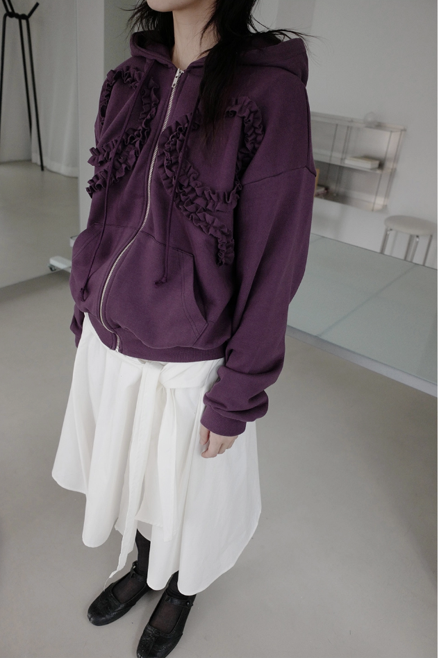 frill ribbon hood zip up (2c)